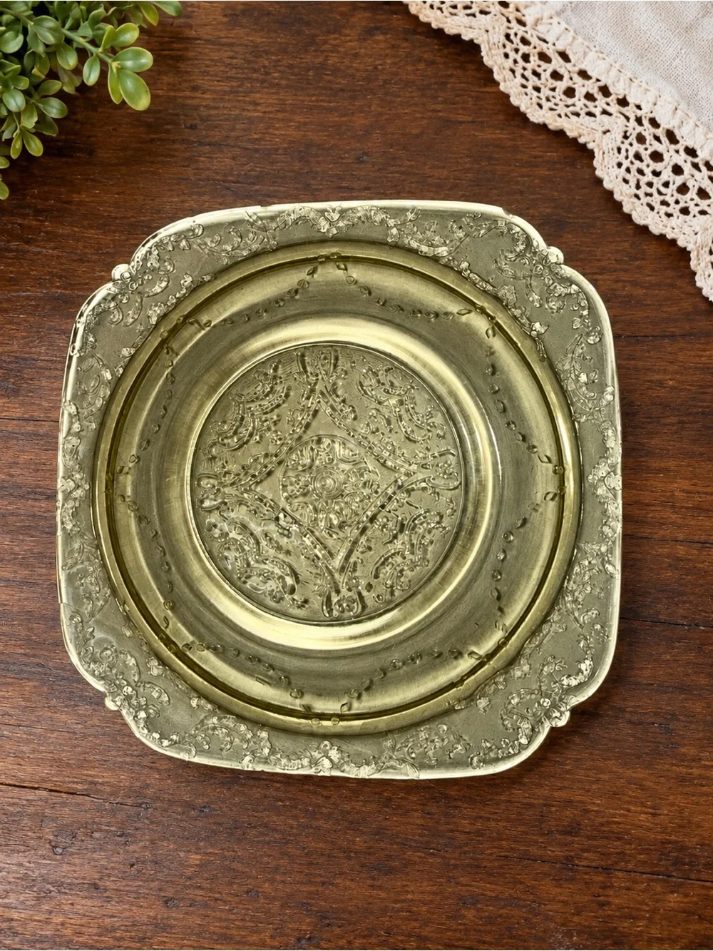 Vintage Amber Glass Dessert Plates Set of 4 Ornate Floral Scroll 6” Square
